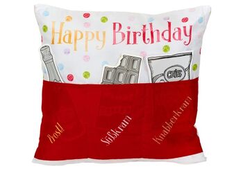 Coussin, héros de canapé, Happy Birthday en textile rouge (L/H/P) 40x40x8cm