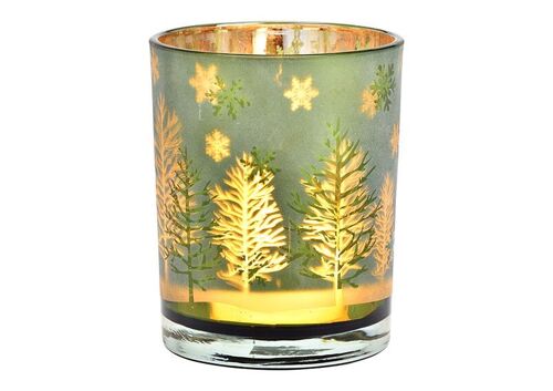 Windlicht Winterwald Dekor, aus Glas Grün (B/H/T) 10x12x10cm