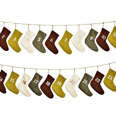 Adventskalender aus Textil, 24 Socken (B/H) 11x18cm, Grün/Schwarz/Gold/Weiß 270cm