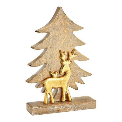 Aufsteller Tannenbaum mit Metall Hirsch aus Mangoholz Gold (B/H/T) 20x30x5cm