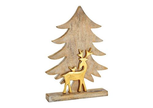 Aufsteller Tannenbaum mit Metall Hirsch aus Mangoholz Gold (B/H/T) 29x42x7cm