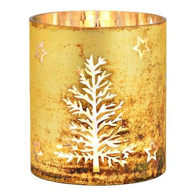 Windlicht Baum, Stern Dekor aus Glas Gold (B/H/T) 15x17x15cm