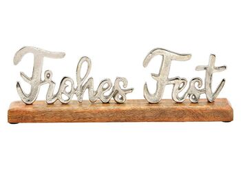 Support, lettrage, Joyeuses Fêtes, sur socle en bois de manguier, en métal argenté (L/H/P) 32x11x5cm