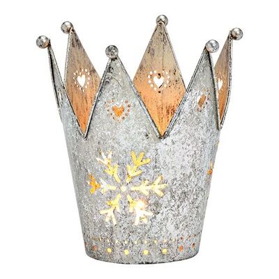 Windlicht Krone, Schneeflocken Dekor, aus Metall Silber (B/H/T) 10x10x10cm