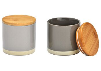 Pot de conservation avec couvercle en bambou, en céramique grise, 2 compartiments, (L/H/P) 8x8x8cm 210ml