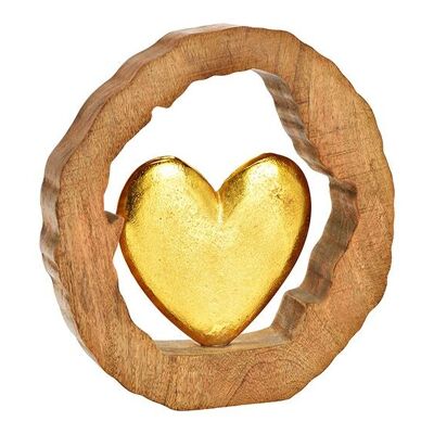 Supporto a cuore in legno di mango, cerchio in metallo dorato (L/A/P) 28x29x5 cm