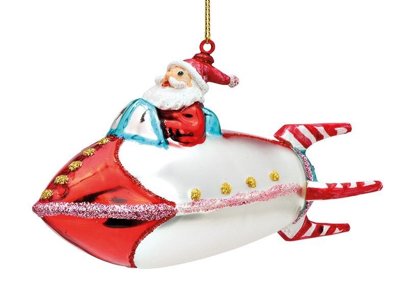 Cintre de Noël Père Noël sur une fusée en verre, rouge/blanc (L/H/P) 14x8x5cm