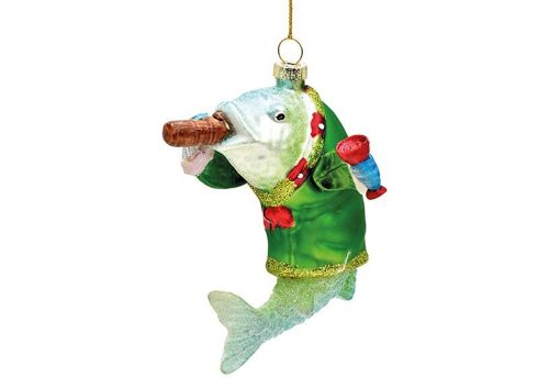 Weihnachtshänger Fisch mit Zigarre aus Glas, Grün (B/H/T) 8x10x6cm