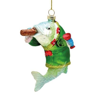 Colgante navideño pez con cigarro de cristal, verde (an/al/pr) 8x10x6cm