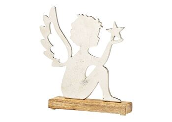 Support d'ange sur socle en bois de manguier en métal argenté (L/H/P) 24x25x5cm
