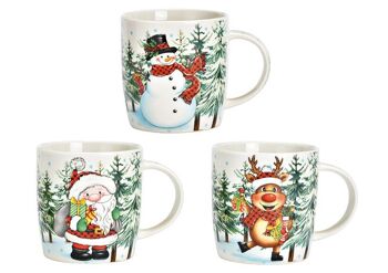 Mug décor de Noël, Père Noël, bonhomme de neige, cerf en porcelaine colorée 3 fois, (L/H/P) 12x9x8cm 340ml