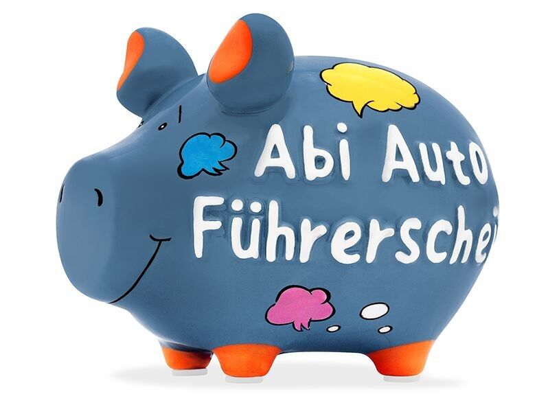 Salvadanaio KCG maialino, patente automobilistica Abi in ceramica blu (L/A/P) 12,5x9x9 cm