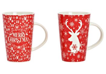 Mug décor de Noël, cerf, Joyeux Noël, en porcelaine rouge, 2 plis, (L/H/P) 12x13x9cm 420ml