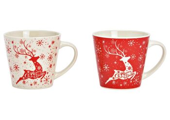 Mug Joyeux Noël, décor cerf, en porcelaine rouge, 2 plis, (L/H/P) 13x9x9cm 340ml