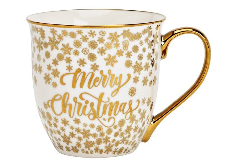 Tazza Jumbo Buon Natale, decoro fiocco di neve, in porcellana bianca, oro (L/A/P) 14x11x11 cm 560 ml