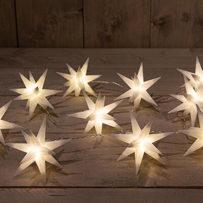 Catena luminosa 10 pezzi 3D stella bianca 12 cm/10 led bianco caldo 1,5 m/cavo trasparente 5 m/trasformatore IP44/timer 8/16 s