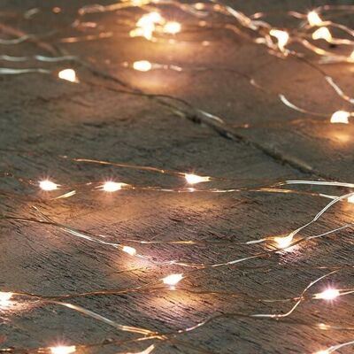 Catena luminosa LED Cascade filo argento 100l/10x1m bianco caldo con timer 6/18pz - 50cm piombo trasparente 3xAA/Ip20