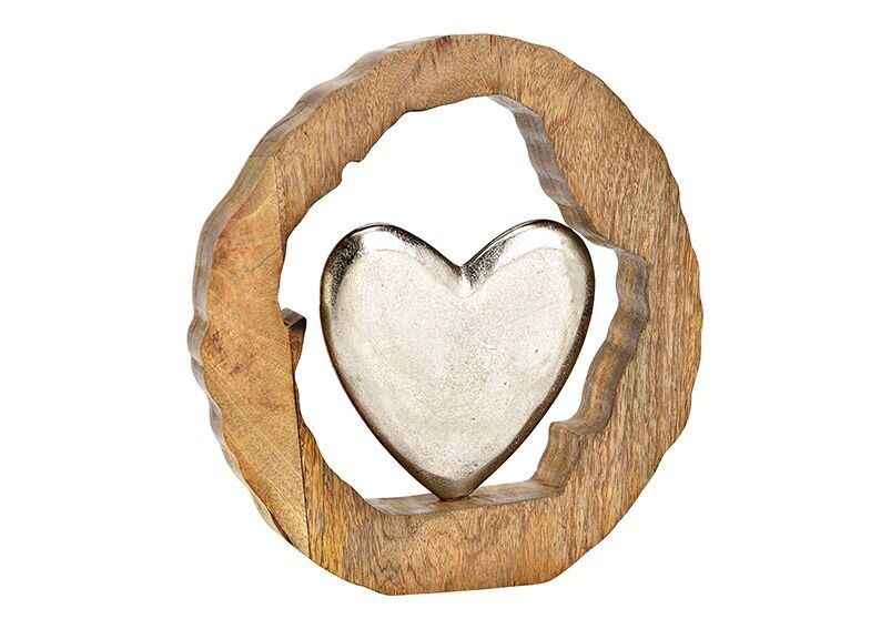 Supporto a cuore in legno di mango, cerchio in metallo argento (L/A/P) 28x29x5 cm
