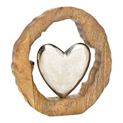 Supporto a cuore in legno di mango, cerchio in metallo argento (L/A/P) 28x29x5 cm