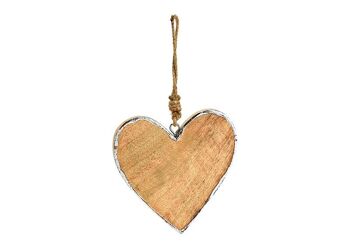 Coeur suspendu avec bord argenté en bois de manguier naturel (L/H/P) 15x15x1cm