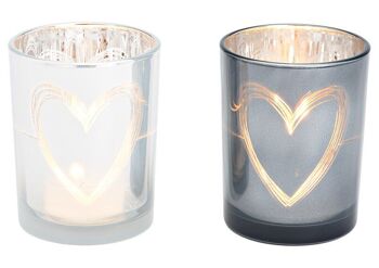 Lanterne décor cœur en verre blanc, noir 2 fois, (L/H/P) 10x12x10cm