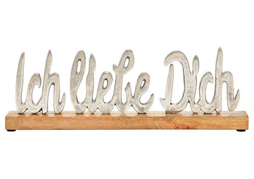 Aufsteller Schriftzug, Ich liebe dich, auf Mangoholzsockel aus Metall Silber (B/H/T) 40x14x5cm