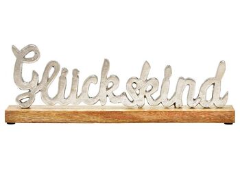 Inscription d'affichage, Glückskind, sur un socle en bois de manguier en métal argenté (L/H/P) 40x14x5cm