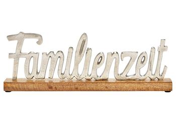Lettrage de stand, temps en famille, sur socle en bois de manguier en métal argenté (L/H/P) 40x14x5cm