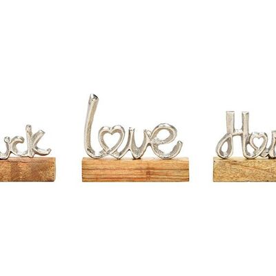 Texto publicitario, Hogar, Amor, Felicidad, sobre base de madera de mango y metal plateado, 3 pliegues, (An/Al/Pr) 11x9x2cm
