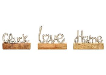 Inscription d'affichage, Maison, Amour, Bonheur, sur un socle en bois de manguier en métal argenté, 3 fois, (L/H/P) 11x9x2cm