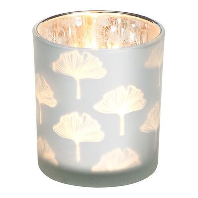 Windlicht Ginkgo Dekor aus Glas Weiß, silber (B/H/T) 7x8x7cm
