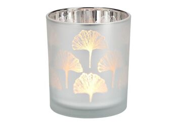 Lanterne décor Ginkgo en verre blanc, argent (L/H/P) 9x10x9cm