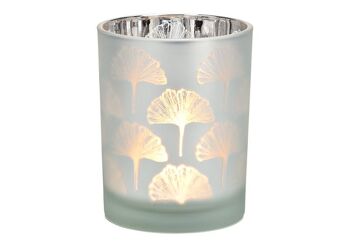 Lanterne décor Ginkgo en verre blanc, argent (L/H/P) 10x12x10cm