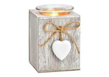 Photophore avec pendentif coeur en bois, verre blanc (L/H/P) 7x10x7cm