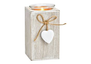 Photophore avec pendentif coeur en bois, verre blanc (L/H/P) 7x13x7cm