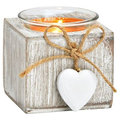 Teelichthalter mit Herz Anhänger aus Holz, Glas Weiß (B/H/T) 7x7x7cm