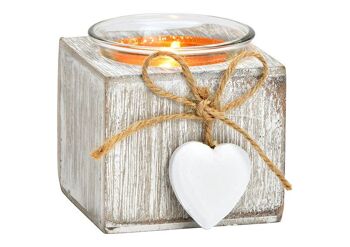 Photophore avec pendentif coeur en bois, verre blanc (L/H/P) 7x7x7cm