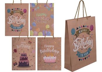 Sac cadeau, Joyeux anniversaire en papier/carton marron, 4 plis, (L/H/P) 25x34x8cm