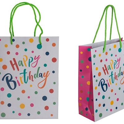 Bolsa de regalo, Feliz Cumpleaños con lunares de colores de papel/cartón gris (An/Al/Pr) 18x23x8cm