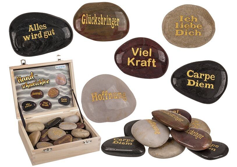 Adulatore a mano con scritte in pietre naturali levigate, 6 volte, 24 pezzi. in scatola di legno (L/A) 4x3 cm