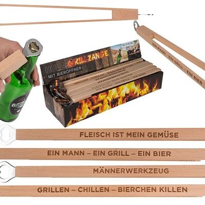 Kombi Grillzange mit Flaschenöffner aus Holz Natur 4-fach, (B/H/T) 43x4x5cm