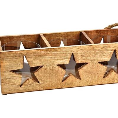 Portavelas con decoración de estrellas, juego de 3 farolillos de cristal, de madera de mango natural (ancho/alto/fondo) 37x12x12cm