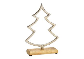 Pied de sapin de Noël sur socle en bois de manguier en métal argenté (L/H/P) 20x27x5cm