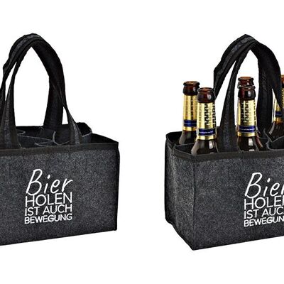 Bolsa para botellas con 6 compartimentos, tomar cerveza también es ejercicio, de fieltro gris (An/Al/Pr) 24x15x5cm