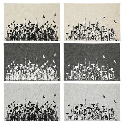 Mantel individual prado de flores moteado de fieltro gris, gris claro, crema 6 veces, (ancho/alto) 45x30cm