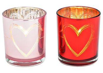 Lanterne décor cœur en verre rose, rouge 2 fois, (L/H/P) 9x10x9cm
