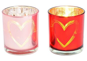Lanterne décor cœur en verre rose, rouge 2 fois, (L/H/P) 7x8x7cm