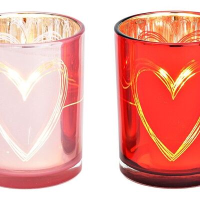 Lanterne décor cœur en verre rose, rouge 2 fois, (L/H/P) 10x12x10cm