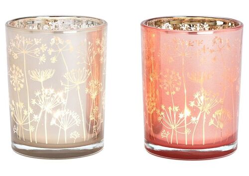 Windlicht Blumen Dekor aus Glas Rosa, Creme 2-fach, (B/H/T) 10x12x10cm