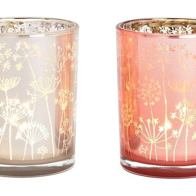 Windlicht Blumen Dekor aus Glas Rosa, Creme 2-fach, (B/H/T) 10x12x10cm